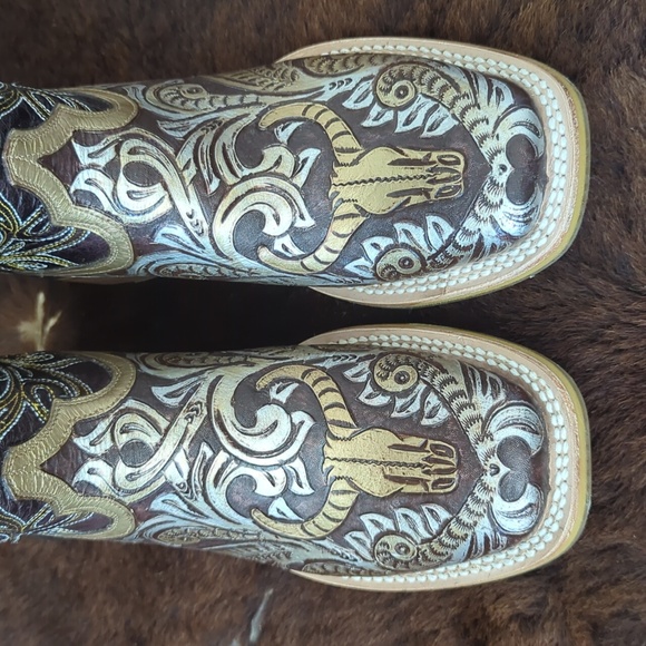 TIN HAUL "Golden Horns" cowgirl western boots square toe "what the fox" sole 7.5 - Picture 13 of 16